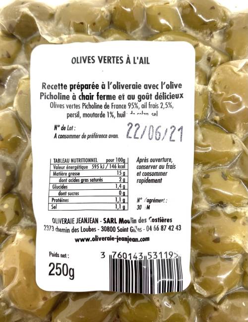 Olives vertes Picholine à l'ail 250g | Mas des agriculteurs