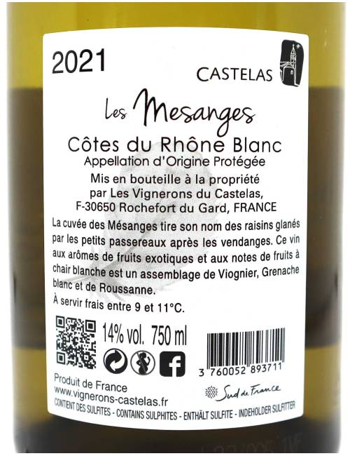 Les mésanges blanc 75 cl - Les Vignerons du Castellas | Mas des agriculteurs